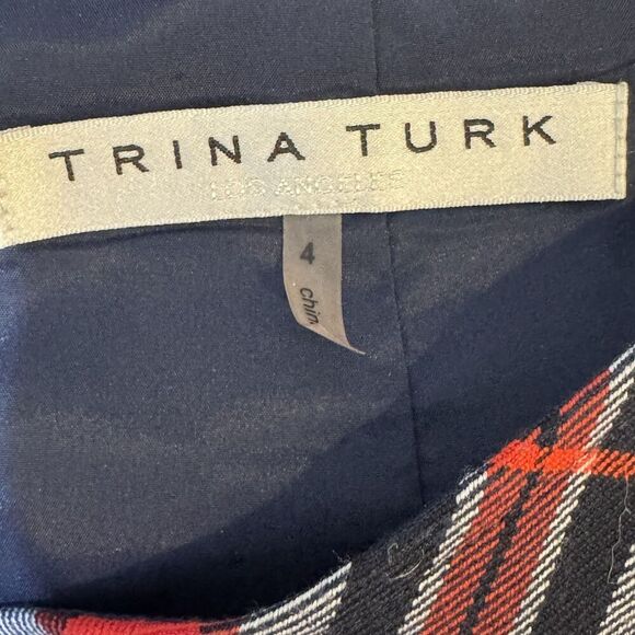 Trina Turk Skirt Womens 4 Red Navy Plaid Wool Blend Gold Button Mini Preppy - Picture 2 of 7